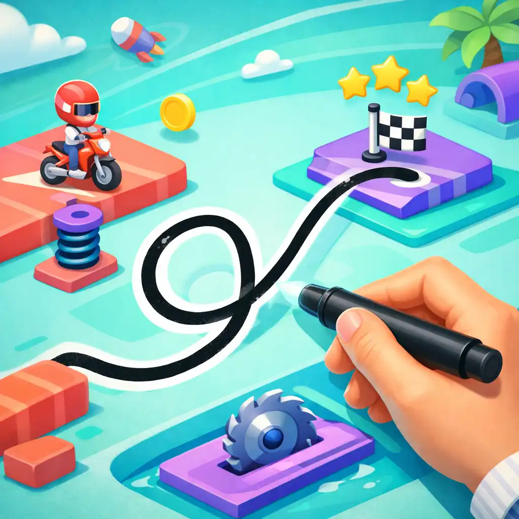 Lendületesen kanyarodó rajzolt útvonal egy világos, színes játékpályán