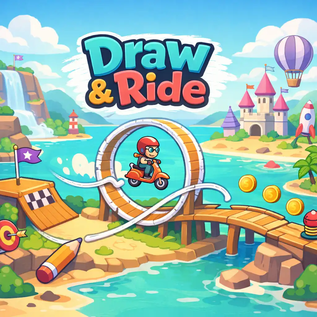 A Draw and Ride világos, rajzolt hangulatú játékbeli környezete.